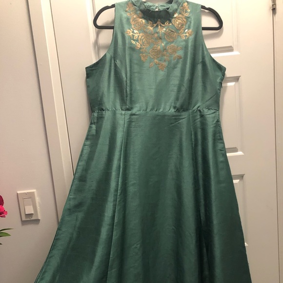 Silk Party Gown/Anarkali in Blue Green Embellished rose embroidery, size 2XL - Picture 4 of 4